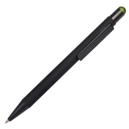 Ручка шариковая FACTOR BLACK со стилусом, черный/зеленый, металл, пластик, софт-покрытие