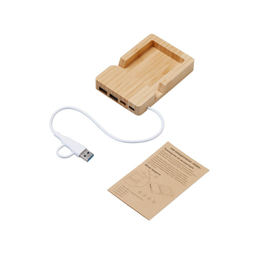 USB хаб Memo, 2*USB, 2*Type C, бамбук