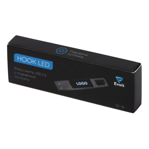 USB 2.0- флешка на 32 Гб c подсветкой логотипа Hook LED, темно-серый, синяя подсветка
