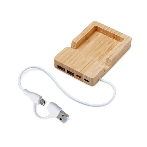 USB хаб Memo, 2*USB, 2*Type C, бамбук