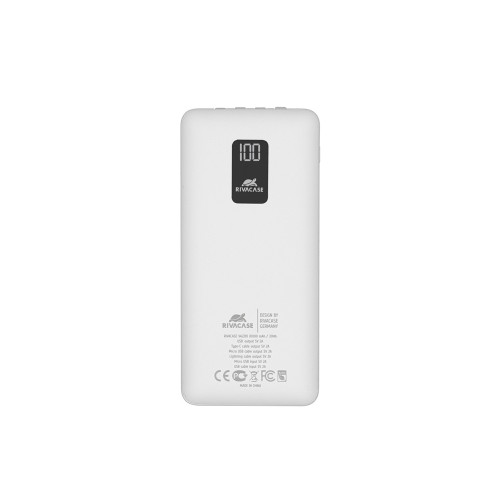 RIVACASE VA2210 (10000 мАч) внешний аккумулятор с дисплеем и встроенными кабелями, белый, 12/48
